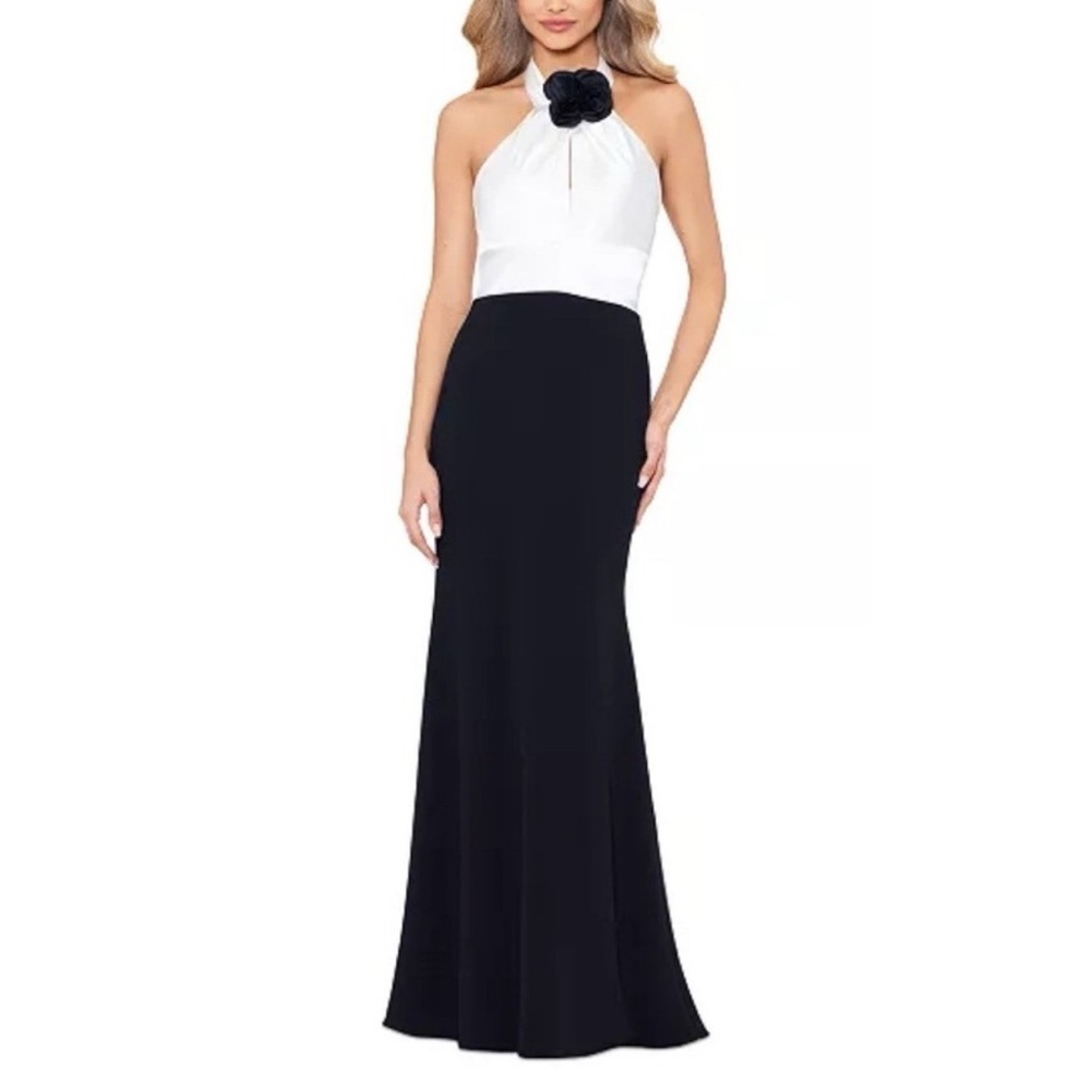 Betsy & Adam Black & White Rose Flower Detail Halter Neck Sleeveless Maxi Gown